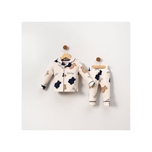Bebegen Unisex Ekru Kahve Laci Biyeli Smile Yazılı Ayıcık Desenli Kruvaze Yaka Pijama Takımı Çok Renkli