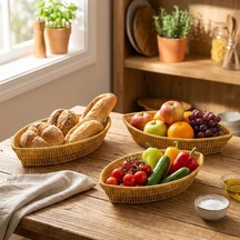 Buffer 3 Lü Kayık Formlu Plastik Rattan Sepet Seti Hasır Görünümlü Ekmek, Meyve Ve Sunum Sepetleri, Çok Amaçlı Masaüstü Kahverengi
