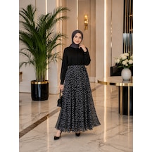 Esra Butik78 Siyah & Kahverengi Puantiyeli Astarlı Şifon Etek Kendi Kumaşından Kuşaklı, 95 Cm