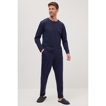 Tudors Erkek Standart Fit Normal Kesim %100 Pamuk Bisiklet Yaka Beli Lastikli Lacivert Pijama Takımı-37946 Lacivert