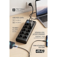 10'lu Akım Korumalı Priz 3680 Watt Koruma 16a 3 Usb + 1 Type-c Anahtarlı 2 Metre 2 M