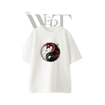 Thewert Dragon Yin Yang Tasarım Baskılı Ünisex Beyaz Oversize T-shirt