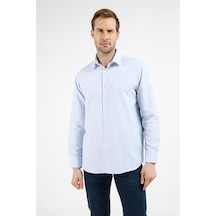 İmza Mavi - Beyaz Çizgili Desen Sert Yaka Uzun Kol Cepli Comfort Fit Pamuklu Gömlek 1004255277 Mavi - Beyaz