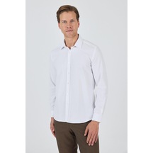 İmza Uzun Kol Desenli Armürlü Sert Yaka Cepsiz Pamuklu Classic Slim Fit Gömlek 1004250194 Beyaz