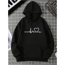 Unisex Ritim Baskılı Kapüşonlu Sweatshirt Siyah Siyah