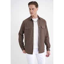 Comfort Fit Yan Cepli Esnek İnce Çizgili Camel Gömlek Ceket G 1608