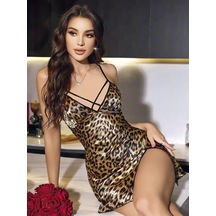 Red Womans Leopar Desenli Sırt Çapraz Askılı Saten Mini Gecelik