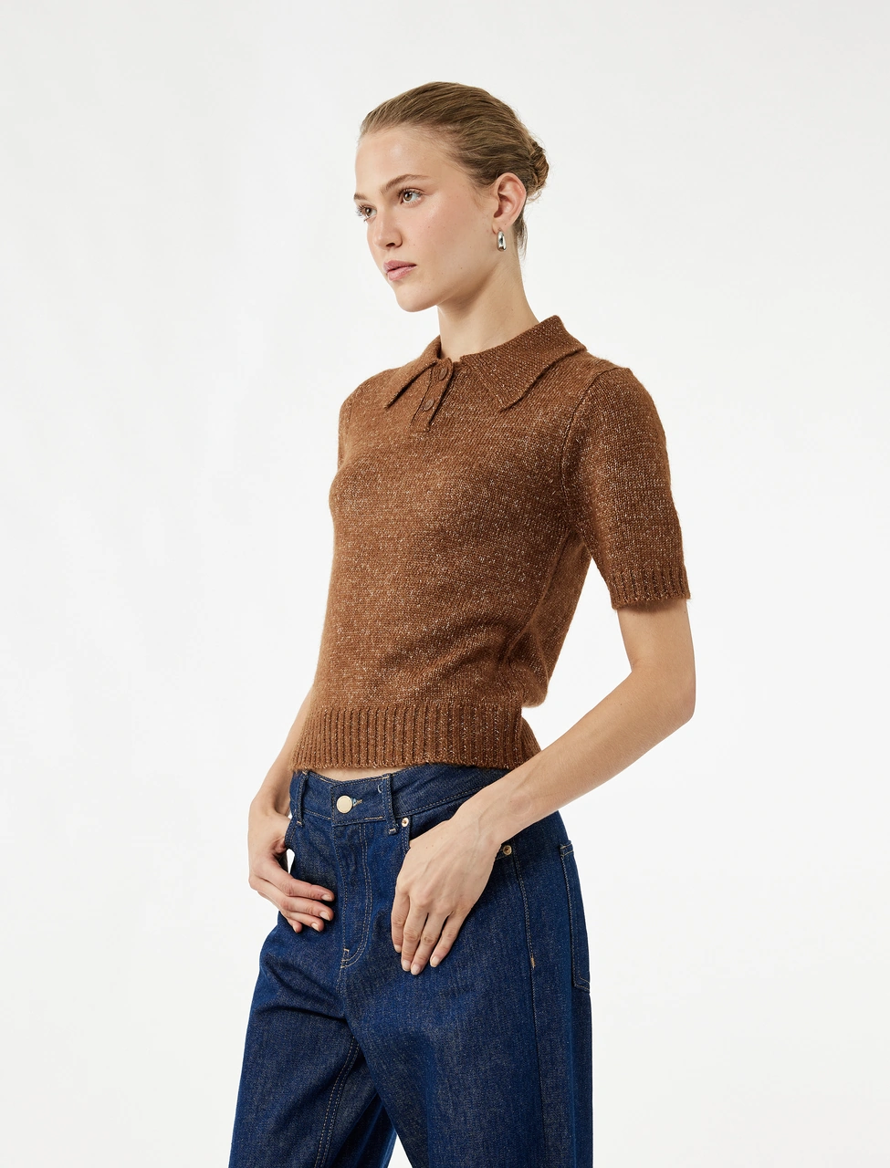Koton Regular Fit Kısa Kollu Polo Yaka Triko Kazak Kahverengi 6wak90107ht Kahve