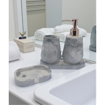 4 Lü Taş Banyo Seti Beyaz - Gri Mermer Desenli 4'lü Sabunluk Seti Gri
