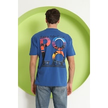 Erkek Polo Baskılı Oversize T-shirt Saks Saks Mavi