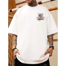 Unisex Siyah Oversiz Life Gül Baskılı Örme T-shirt Beyaz Unisex Siyah Oversiz Life Gül Baskılı Örme T-shirt Beyaz