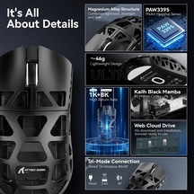R3 Magnezyum Alaşımlı Kablosuz Gaming Mouse 46g Ultra Hafif, Pixart Paw3395 Sensör, 8k Tepki Hızı, Bt/2.4g/kablolu Üçlü Mod, 26000 Dpı Ayarlanabilir, Windows/xbox/ps Uyumlu - Black