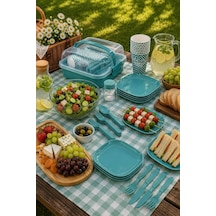 Titiz Lovely 32 Parça 6 Kişilik Piknik Seti Bpa Free Kapaklı Taşınabilir Piknik Sepeti - Mavi