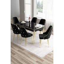 Canisa Concept Tia Serisi, Barok Ahşap Desen 80x132 Açılabilir Mdf Yemek Masası 6 Gri Sandalye Gold Detay Masa Siyah Mermer Desen Sandalye Siyah