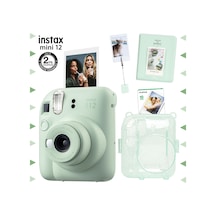 Fujifilm Instax Mini 12 Fotoğraf Makinesi + 10'lu Film + Kıskaçlı Stand + Pvc Albüm + Simli Pleksi Kılıf Seti Yeşil