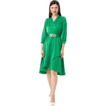 Kadın Yeşil Asimetrik Kesim Kemerli Midi Saten Elbise-25849-yeşil