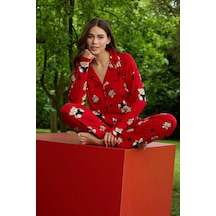 Pijamoni Ayıcık Baskılı Önü Düğmeli Uzun Kollu Kırmızı Pijama Takımı - 5660 Desenli Kırmızı