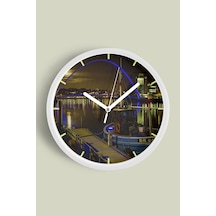 Şehir Manzara Temalı Modern Duvar Saati - 42cm - Önü Camlı Beyaz Kasa - Sessiz Mekanizma Beyaz