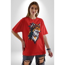 Kızılderili Tilki Pamuklu Bisiklet Yaka Unisex Oversize Boyfriend Dijital Baskılı Kırmızı T-shirt Kırmızı
