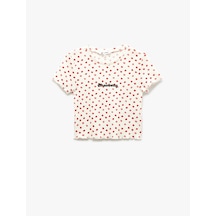 Koton Kısa Kollu Crop Bisiklet Yaka Çilek Baskılı Tişört Ekru Desenli 5sal10021ık Ekru Desenli Ekru