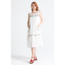 Kolsuz Vual Ahsen Nakışlı Midi Boy Elbise Krem Krm-krem