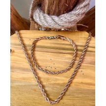 Unisex Rosegold Kalın 3mm Burgu Çelik Kolye Ve Bileklik Set Rose Gold