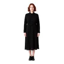 Ersefa Kadın Siyah Düz Viskoz Dokuma Midi Boy Gömlek Elbise Kuşaklı Tasa