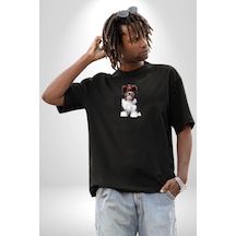 Biewer Yorshire Terrier Siyah Oversize Unisex Ön Orta Minimal Baskılı Tişört Siyah