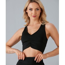 Aurafit Kadın Önü Büzgülü Arkası Çapraz Kaplı Croptop/büstiyer Siyah