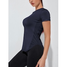 Kadın Dry Fit Running Yoga Hızlı Kuruma Nem Emici Yanları Fileli Hava Alabilen Spor T-shirt 001 Lacivert