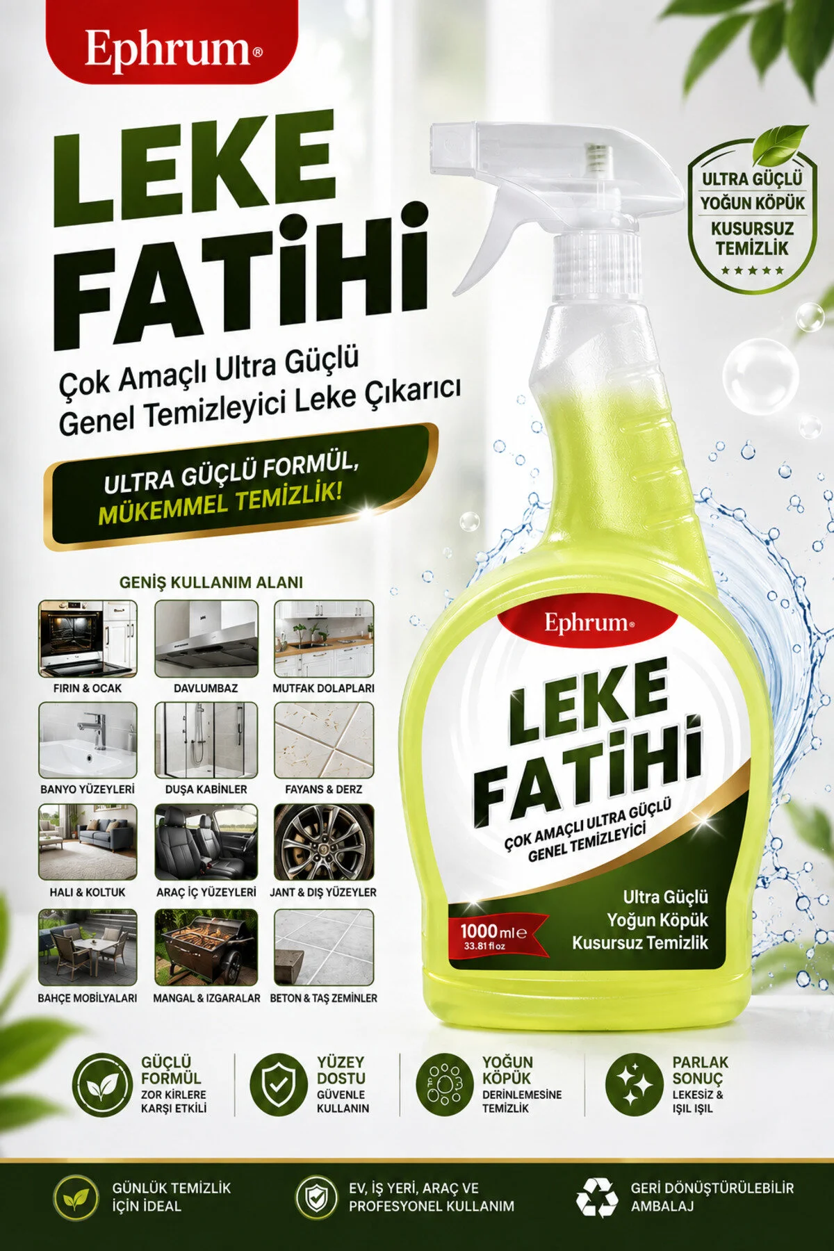 Leke Fatihi Çok Amaçlı Ultra Güçlü Genel Temizleyici Leke Çıkarıcı 1 Litre - Yağ, Kir, Mürekkep, Kireç