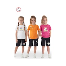 Fyk Kids 3 Lü Yuvarlak Yaka Kaprili Baskı Detaylı Yazlık Kız Çocuk 6 Parça Alt Üst Takım Beyaz - Turuncu - Fuşya
