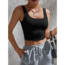 Liona Kadın Kare Yaka Siyah Slim Fit Crop Top Bluz 001
