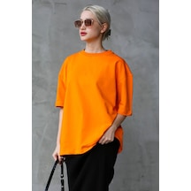 Madmext Turuncu Bisiklet Yaka Basic Oversize T-shirt Mg1687-turuncu Turuncu