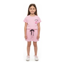 Toontoy Kids Toontoy Kız Çocuk 2'li Şortlu Takım Bisiklet Yaka Düşük Omuz Kısa Kollu Baskılı Tişört - Beli Lastikli Bağlamalı Cepli Şort 25016 Pembe