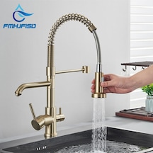 Mutfak Eviye Bataryası Dual Flow Su Arıtma Çıkışlı Spiralli Ve Fiskiyeli Mat Altın