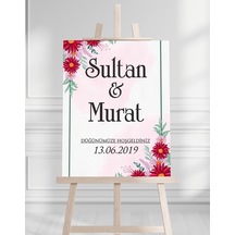 Söz Nişan Düğün İçin 50x70 Karşılama Panosu - Kırmızı Çiçek Desenli Beyaz