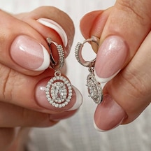 Gümüş Oval Taşlı Sallantılı Küpe Çok Renkli