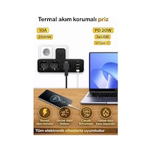 Termal Akım Korumalı 3 Priz / 3 Usb / 1 Typec 20w Girişli 2500w Duvar Tipi 3 Lü Priz