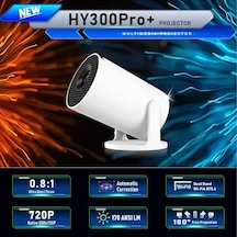 Hy300pro+ Android 14 Projektör, 720p Çözünürlük, 170 Ansı Lümen, Wi-fi 6, Bluetooth 5.4, 4k Destekli, Otomatik Düzeltme, 30-130 İnç Görüntü, Beyaz