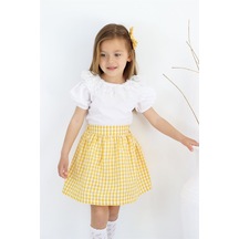 Kız Çocuk Daisy Bisiklet Yaka Dantel Detaylı Kısa Kollu Bluz Ekoseli Etek Toka 3lü Takım Tkm-0189.4 Sarı