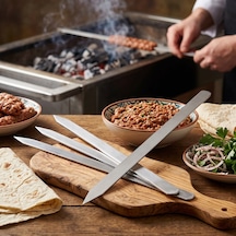 Profesyonel Adana Kebap Şişi - 60 Cm - Yassı Metal - Mangal Ekipmanı Çok Renkli