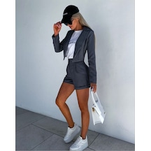 Hgfashion Atlas Çizgi Desenli Kumaş Şort Ve Ceket İkili Takım Siyah Renk Siyah