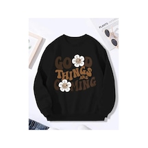 Herkesemoda Good Think Detaylı Bisiklet Yaka İçi Polarlı Sweatshirt Siyah