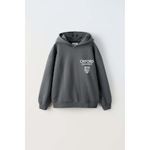 Erkek Çocuk Oxford Modelli Kol Manşetli Pamuk Kapşonlu Sweat Füme