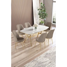Canisa Lena Serisi 90x160 Lak Panel Beyaz Mermer Desen Gold Ayaklı Masa Takımı Ve 6 Cappucino Sandalye Beyaz Mermer Desen Masa Cappucino Sandalye