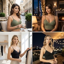 Lusistore Crop Bluz Takım Askılı Dantelli Pedli Büstiyer Bralet %95 Pamuk siyah