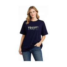 Unisex Travel Baskılı Oversize Tişört %100 Pamuk Bisiklet Yaka Günlük Streetwear T-shirt Lacivert