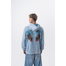 Respire Erkek Snake Baskılı Yıkamalı Kapüşonlu Oversize Hoodie Mavi