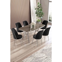 Canisa Lena Serisi 90x160 Lak Panel Antrasit İroni Krom Kaplama Ayaklı Masa Takımı Ve 6 Siyah Sandalye Antrasit İroni Masa Siyah Sandalye Ayaklar Krom